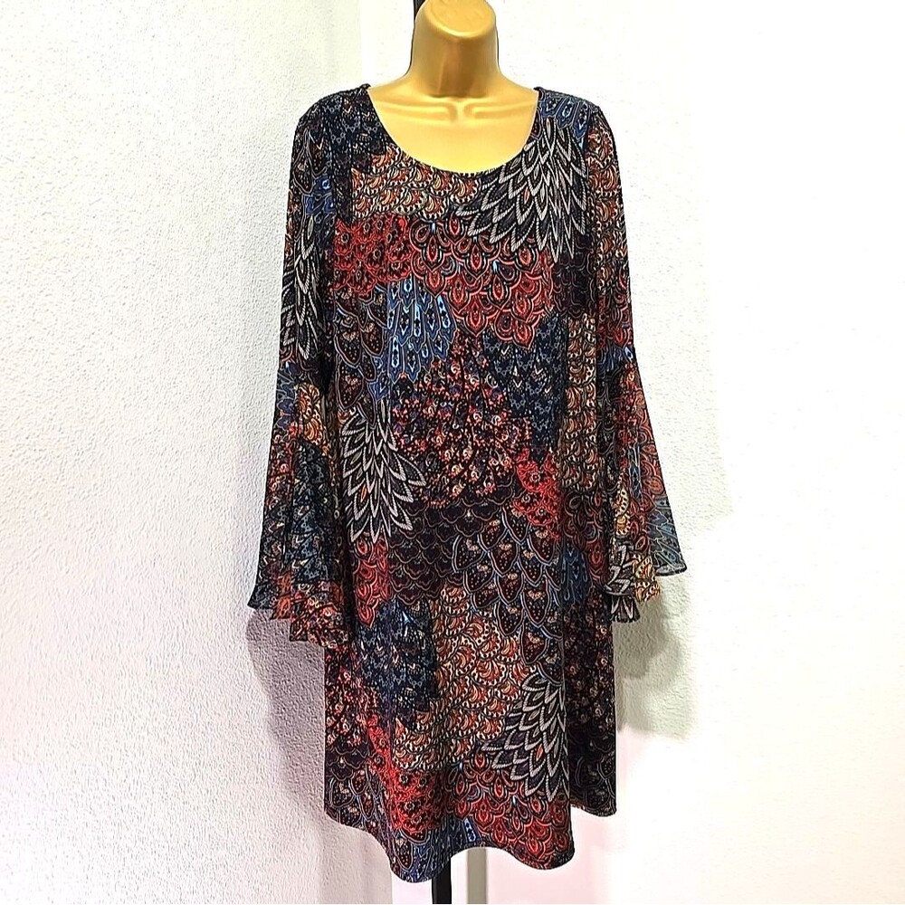 MSK Dress Large Peacock Feather Patchwork Print Flowy Paisley Flared Sleeve Boho